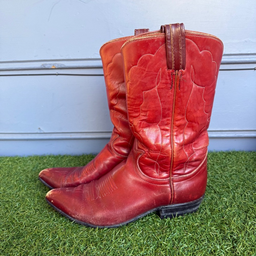 Tony Lama Red Leather Western Cowboy Womens 8 B Boots Pointed Toe Vibram Heel - Picture 4 of 11